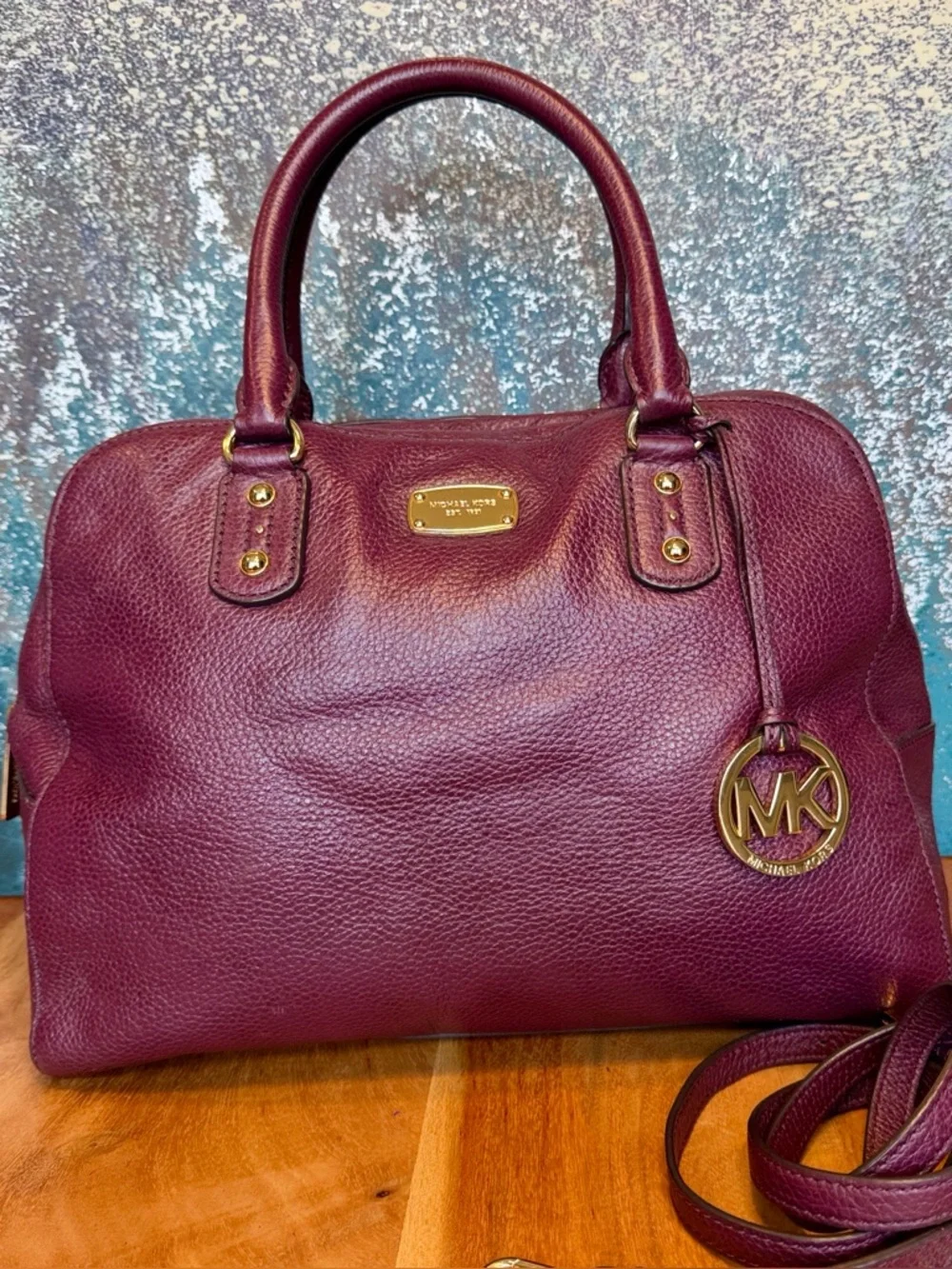 Michael Michael Kors Y2K Pebbled Leather Satchel Crossbody Purple/Gold (GUC) - Picture 1 of 17